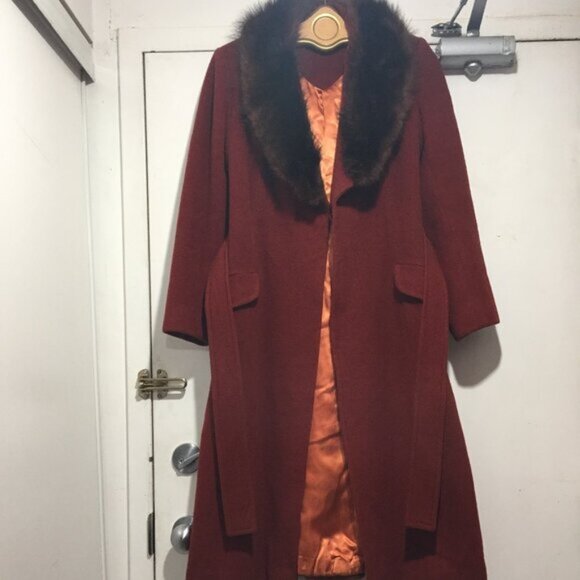 VINTAGE FUR COLLAR WOOL TIE-BELT FELTED COATS SIZE S - Picture 1 of 12